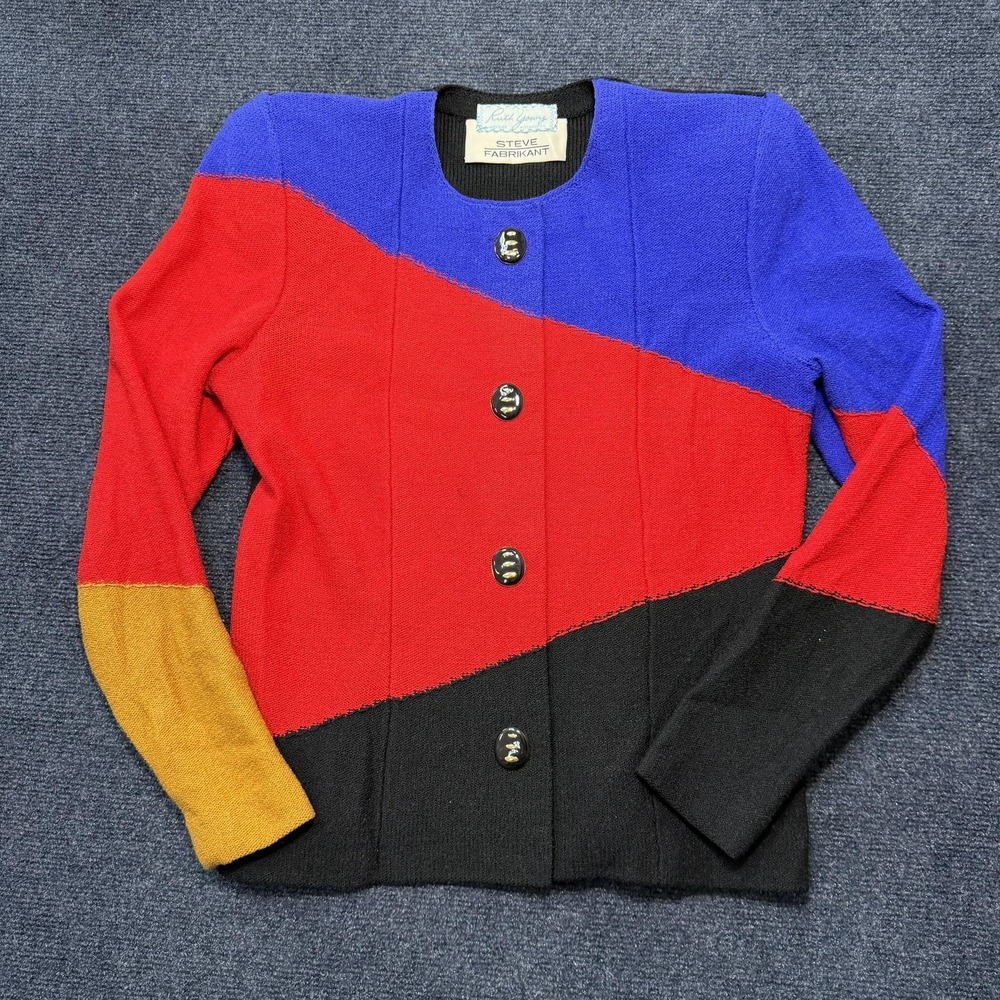 Vintage Steve Fabrikant Cardigan Sweater Womens 8 Multicolor Colorblock Knit
